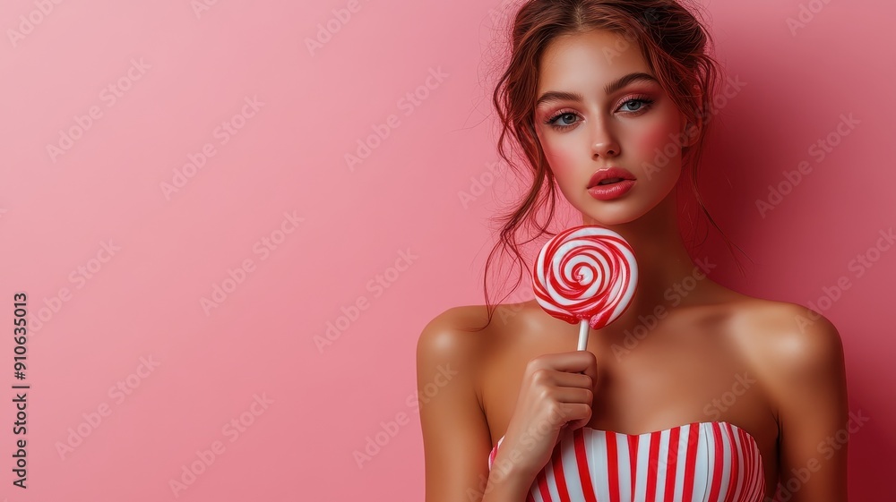 A young woman poses with a colorful lollipop against a pink background, showcasing a sweet and playful fashion vibe. A young woman poses with a colorful lollipop against a pink background, showcasing a sweet and playful fashion vibe.
