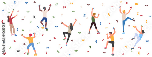 People climbing up in bouldering park. Men and women athletes climb up artificial mountain with ledges and rocks. Characters doing extreme sports. Flat vector illustration set isolated on background