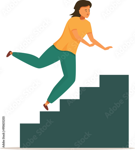 Young woman is falling down the stairs, she is trying to keep her balance by reaching out