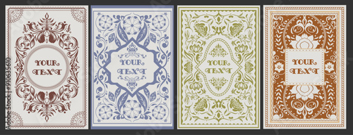 Vintage floral engraving frame set. Retro ornate decorative posters with elegant floral ornaments. Design element for brochure or book cover. Vector illustration collection isolated on background