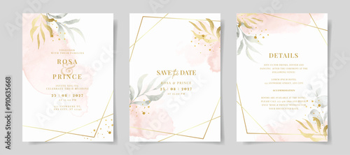 Elegant set of wedding invitation card template with watercolor and leaves decoration
