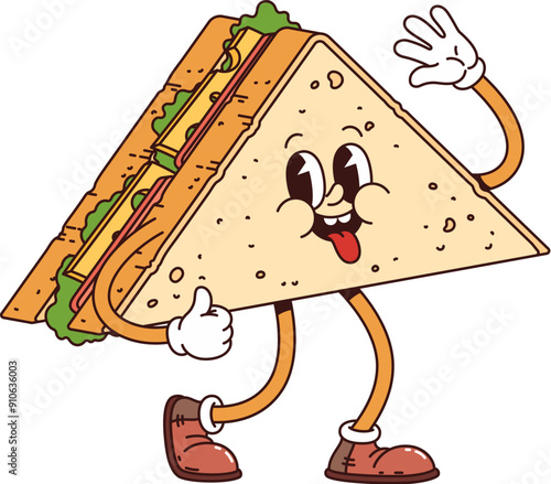 Sandwich retro groovy breakfast character walking with waving hand and smiling face. Isolated cartoon vector cheerful and animated food personage, triangular slice of bread with delicious fillings