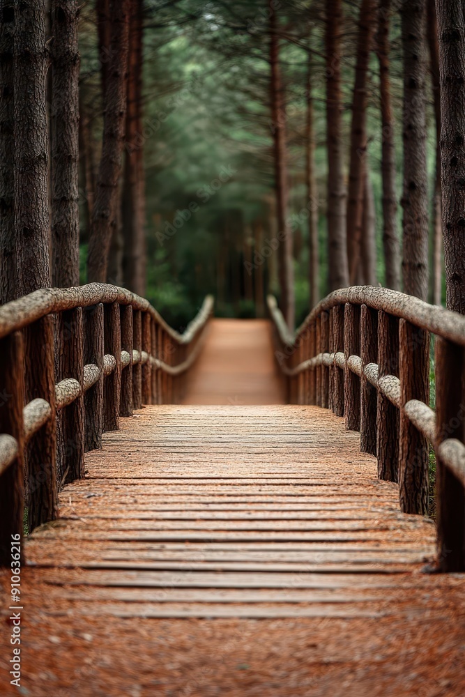 A serene wooden bridge crossing through a dense forest, surrounded by tall trees and lush greenery. A serene wooden bridge crossing through a dense forest, surrounded by tall trees and lush greenery.