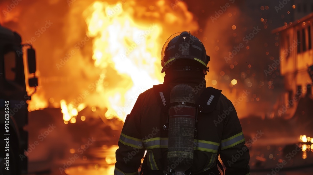 Firefighter Standing in Front of a Fiery Blaze Firefighter Standing in Front of a Fiery Blaze