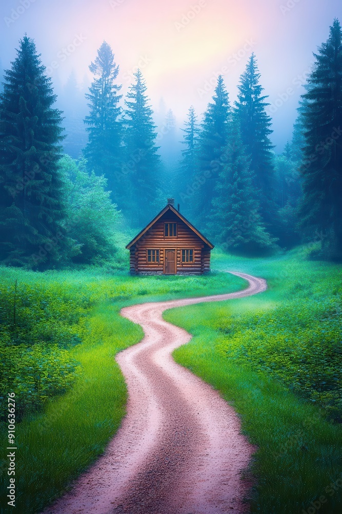 A winding dirt road leads to a wooden cabin nestled in a misty forest. A winding dirt road leads to a wooden cabin nestled in a misty forest.