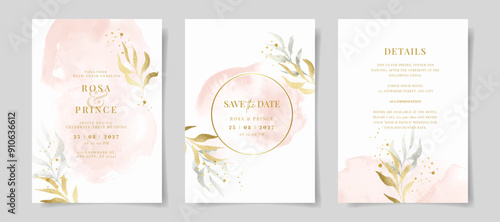 Elegant set of wedding invitation card template with watercolor and leaves decoration