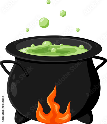 Halloween holiday cartoon witch cauldron emoji, magic pot with green potion. Vector steel boiler with boiling magic brew or goo. Isolated evil item for wizardry, sorceress or mage, kettle with poison