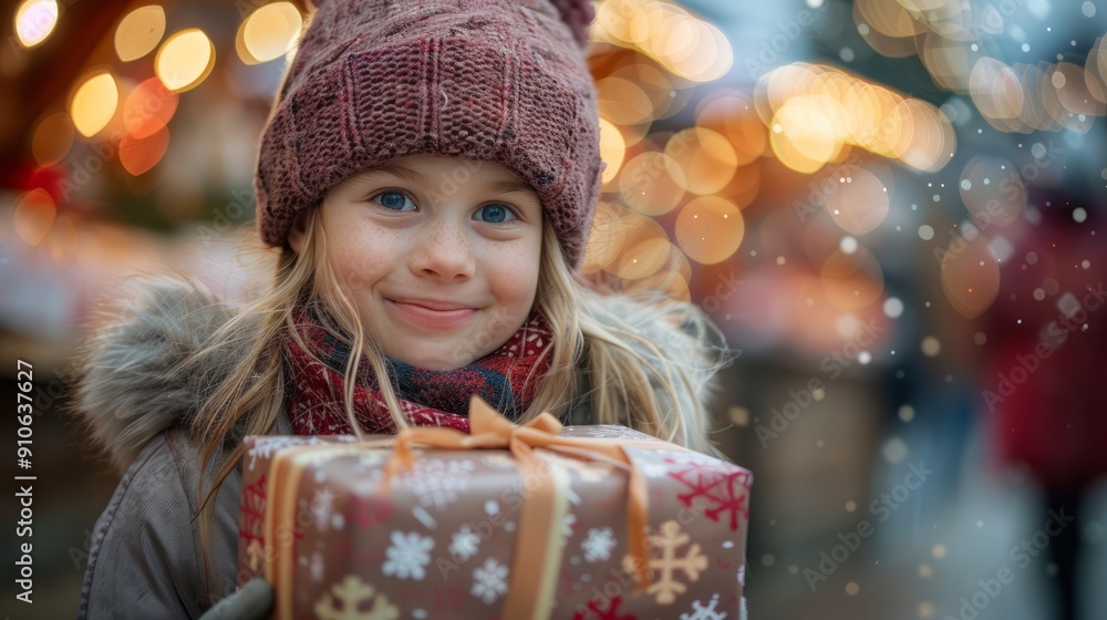 A girl warmly dressed in a hat and scarf is smiling while holding a wrapped Christmas present. Snow falls softly around her A girl warmly dressed in a hat and scarf is smiling while holding a wrapped Christmas present. Snow falls softly around her