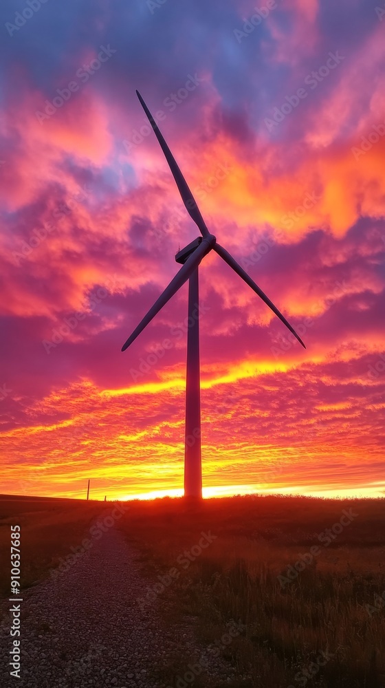 Wind turbine at sunset against vibrant sky Wind turbine at sunset against vibrant sky