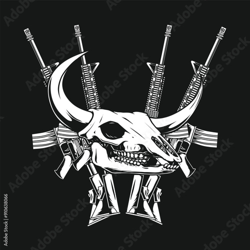 Bull skull with assault rifle drawing