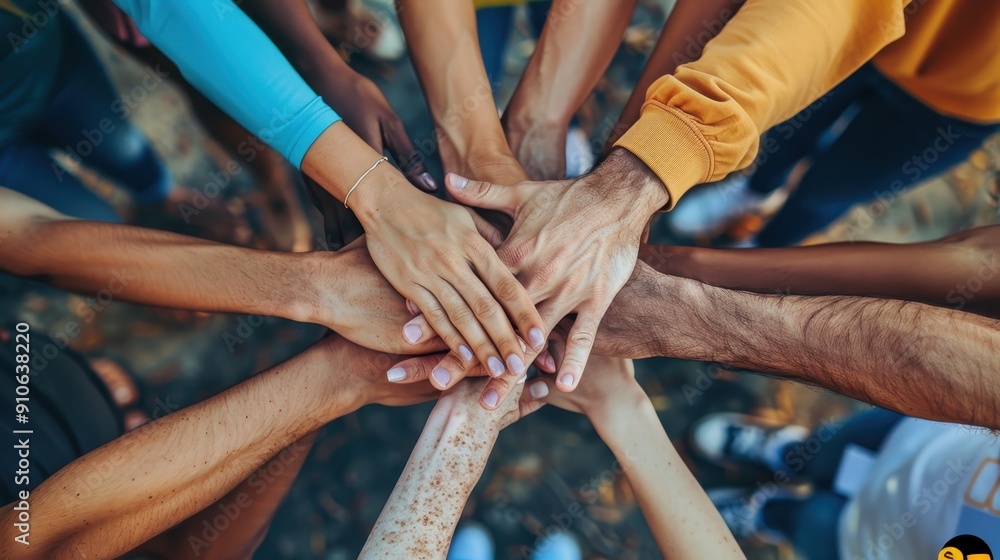 Obraz premium Diverse Group of People Stacking Hands in Unity and Teamwork Outdoors