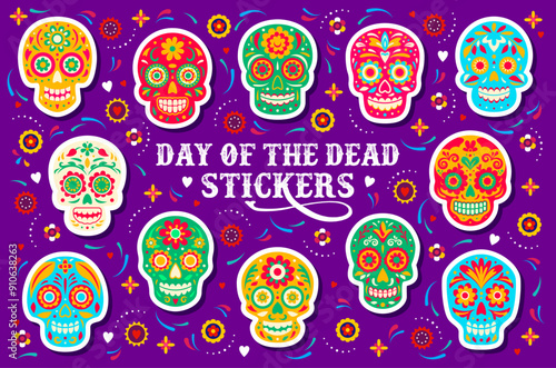 Mexican calavera sugar skulls stickers. Dia de los muertos funny holiday patches vector set. Cartoon human craniums adorned with flowers and floral pattern. Traditional Day of the dead festival badges