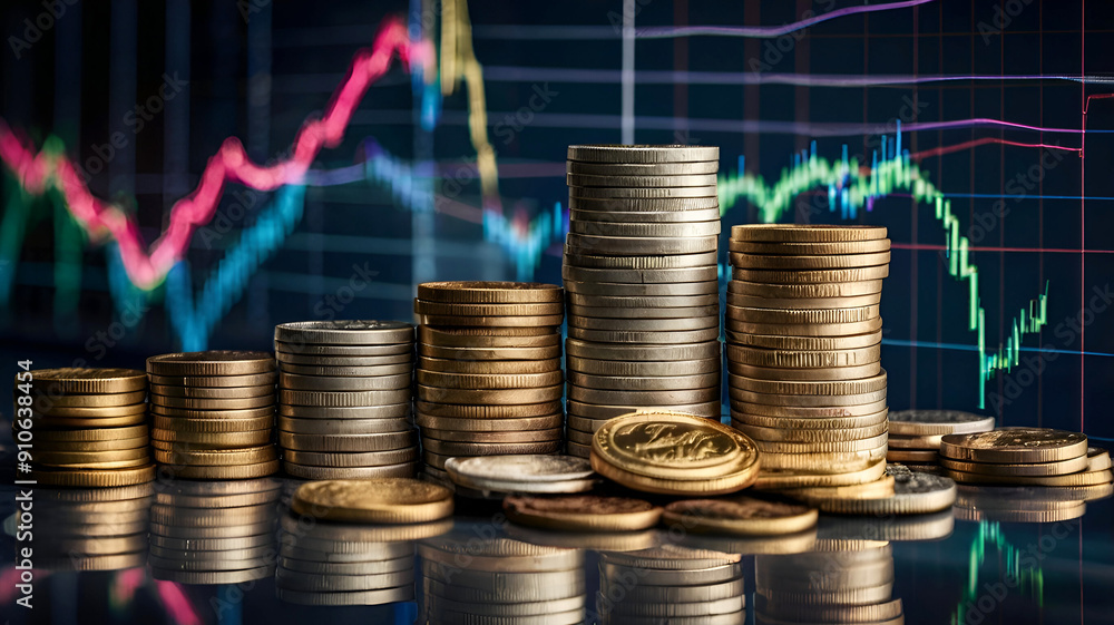 Financial investment stack of coins for finance investor with trading graph growth banking, Digital economy and cryptocurrency on a city background. Ai generative Financial investment stack of coins for finance investor with trading graph growth banking, Digital economy and cryptocurrency on a city background. Ai generative