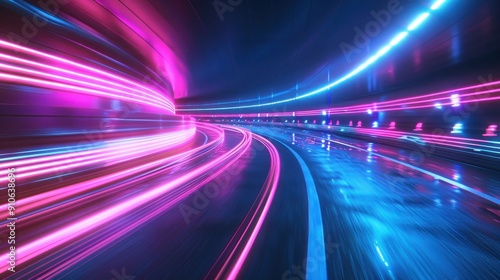 Futuristic Neon Light Trails in a Curved Tunnel at Night with Vibrant Pink and Blue Colors