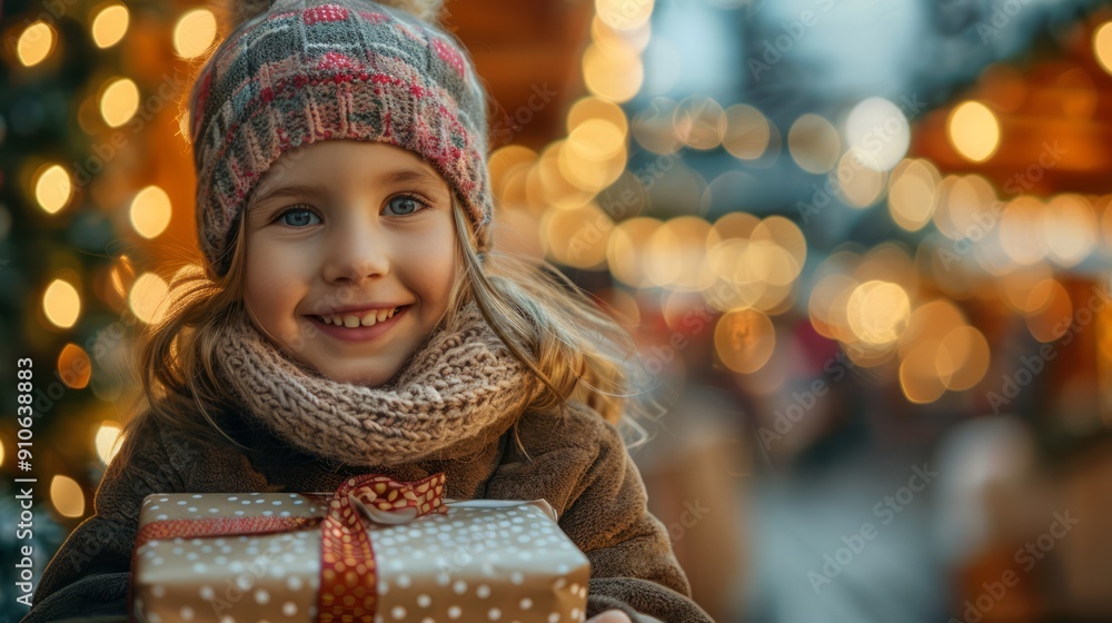 Close-up of a little girl with a beautifully wrapped gift at a Christmas market with twinkling lights. Close-up of a little girl with a beautifully wrapped gift at a Christmas market with twinkling lights.