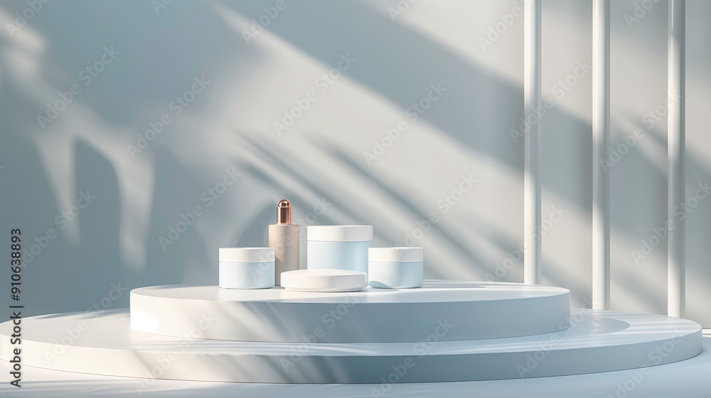 Modern Cosmetic Display Set on a Clean Minimalist Pedestal with Artistic Background Composition Modern Cosmetic Display Set on a Clean Minimalist Pedestal with Artistic Background Composition