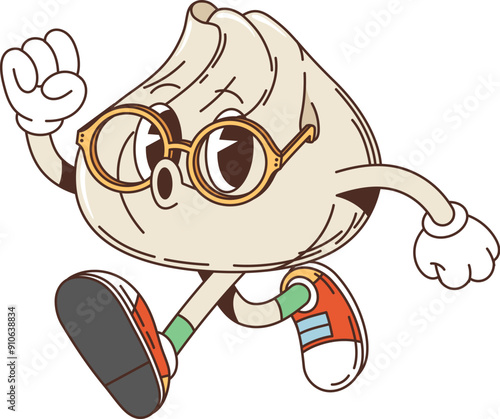 Retro cartoon dim sum groovy character with funny face, vector funky comic. Groovy dim sum dumpling happy walking and whistling song melody, Asian cuisine Japanese or Chinese food cartoon character