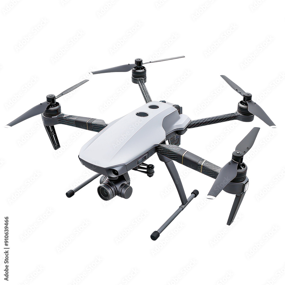 High-tech drone featuring advanced design, four propellers, and camera for aerial photography and videography. transparent background High-tech drone featuring advanced design, four propellers, and camera for aerial photography and videography. transparent background