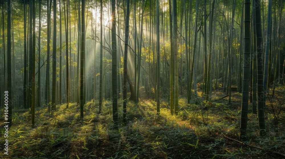 Fototapeta premium Sunlight Streaming Through a Dense Bamboo Forest
