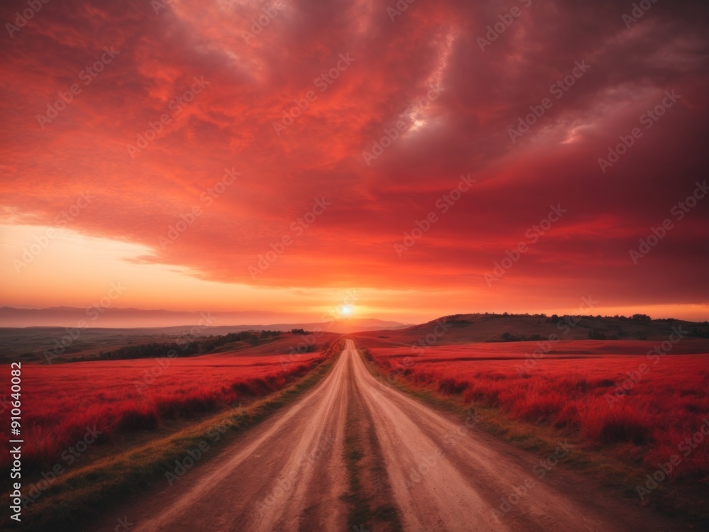 Fototapeta premium Red sky at sunset Beautiful landscape with road lead