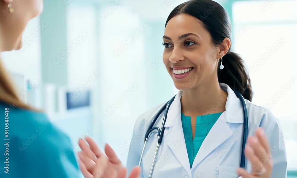Medium shot portrait video of a cheerful doctor in her 30s wearing a scrub or lab coat with doctors nurses therapists Medium shot portrait video of a cheerful doctor in her 30s wearing a scrub or lab coat with doctors nurses therapists