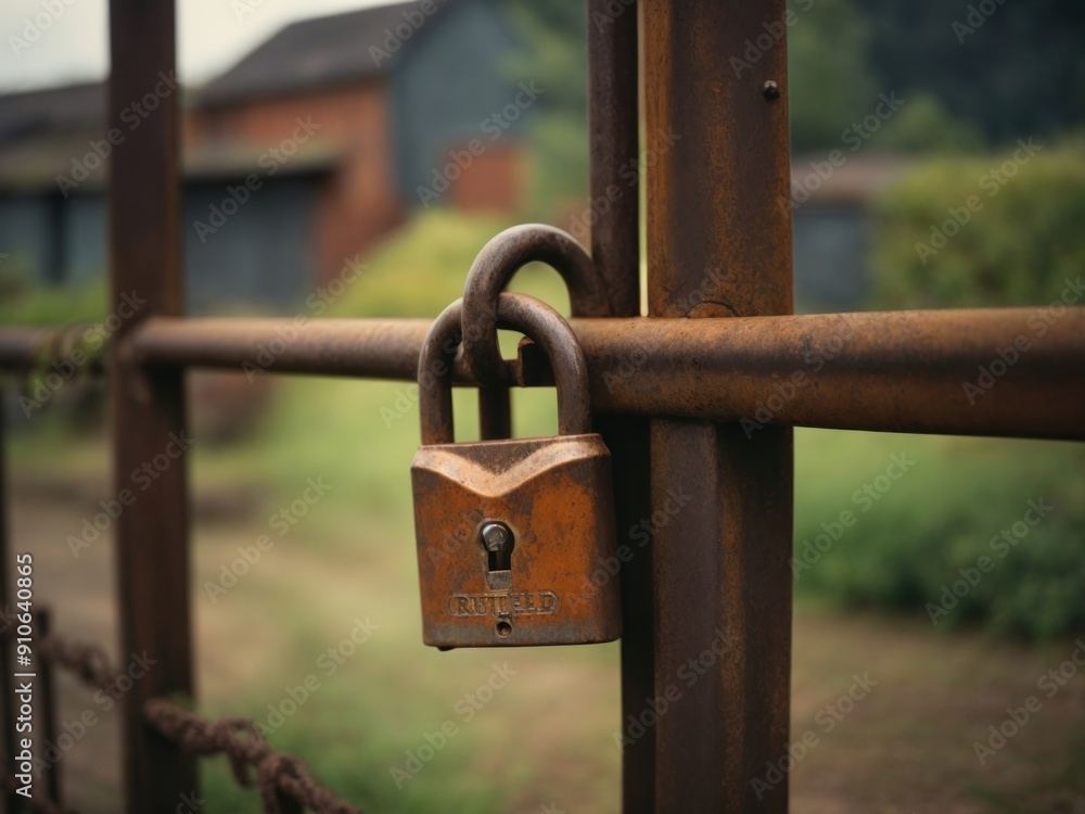 Fototapeta premium Rusty old padlock on an old gate
