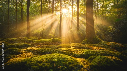 Sunbeams Illuminating a Mossy Forest Floor