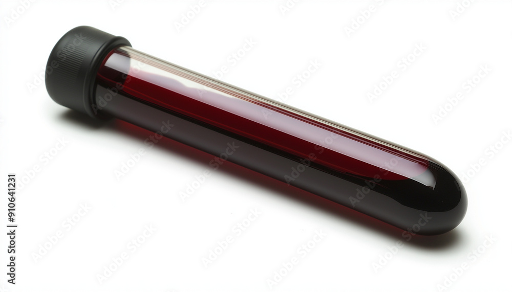 test tube with dark red blood liquid concentrated, image by camera on white background test tube with dark red blood liquid concentrated, image by camera on white background