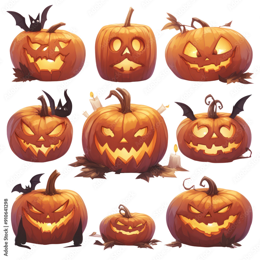A collection of vibrant Halloween pumpkins with various spooky and playful faces, perfect for seasonal decorations and themed designs. transparent background A collection of vibrant Halloween pumpkins with various spooky and playful faces, perfect for seasonal decorations and themed designs. transparent background