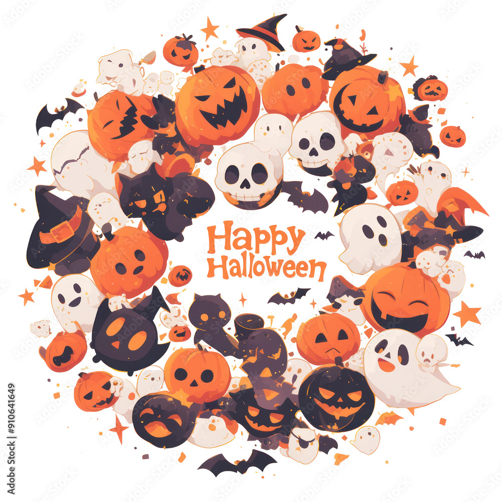 Fototapeta premium A festive Halloween wreath featuring pumpkins, ghosts, and skulls, perfect for seasonal decor and autumn celebrations. transparent background