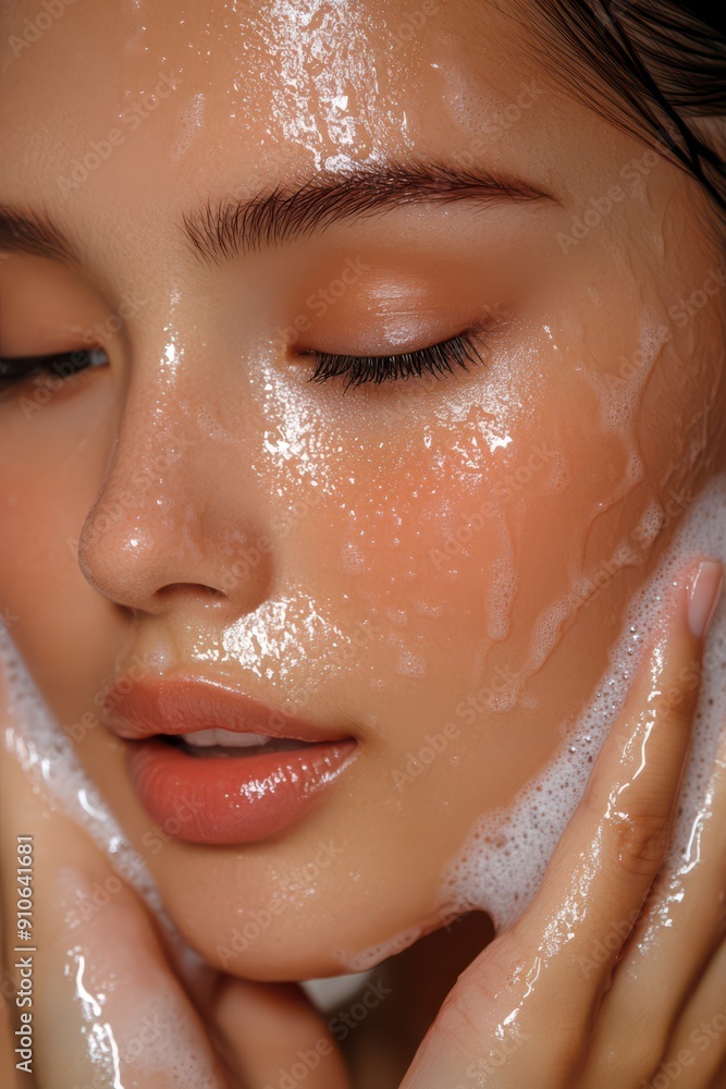 A close-up image of an Asian woman with wet skin, likely in the midst of a skincare routine. A close-up image of an Asian woman with wet skin, likely in the midst of a skincare routine.