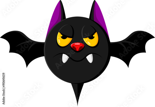 Halloween holiday bat emoji cartoon character. Isolated vector vampire animal emoticon with spooky fangs. pointy ears, wings and yellow eyes, adds a playful touch to festive messages and media posts
