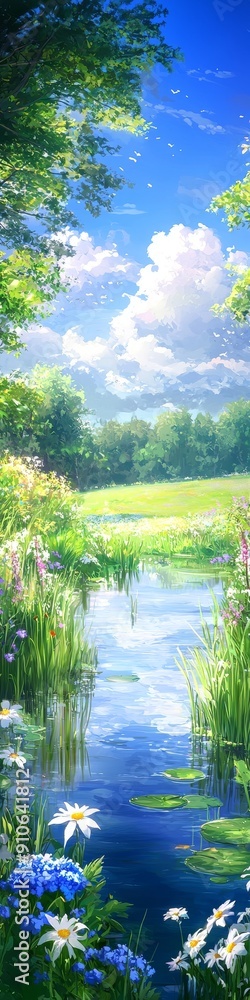 Obraz premium A beautiful cartoon style illustration of a landscape with pond, trees, and mountains. 