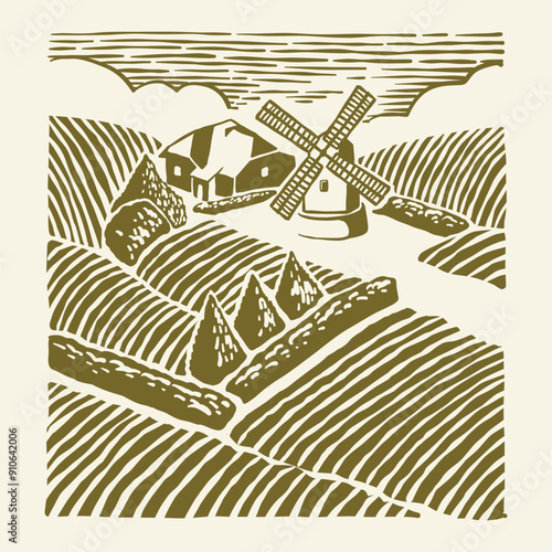 illustration of a farm with a windmill in the middle, in engraving style
