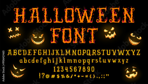 Halloween font, witch type, scary typeface, spooky Helloween alphabet with horror pumpkin monster characters. Halloween hellfire flame font vector typography, fire letters, numbers and flaming symbols