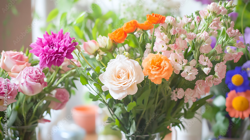 Fresh flowers being arranged in a vase, Monday morning, uplifting and cheerful Fresh flowers being arranged in a vase, Monday morning, uplifting and cheerful