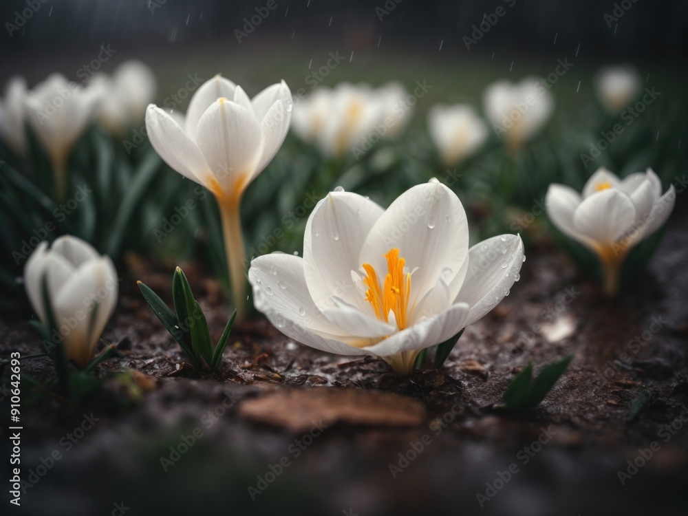Single flower of white crocus in the spring rain Single flower of white crocus in the spring rain