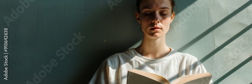 Young Woman in Prison Uniform Reading Book Under Window Light in Cell with Shadows of Bars on Face - Confinement and Hope Concept photo