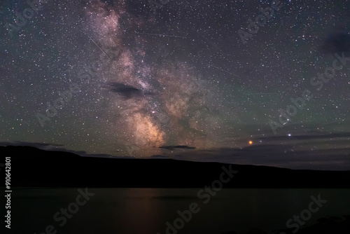 stars mountains lake milky way sky night