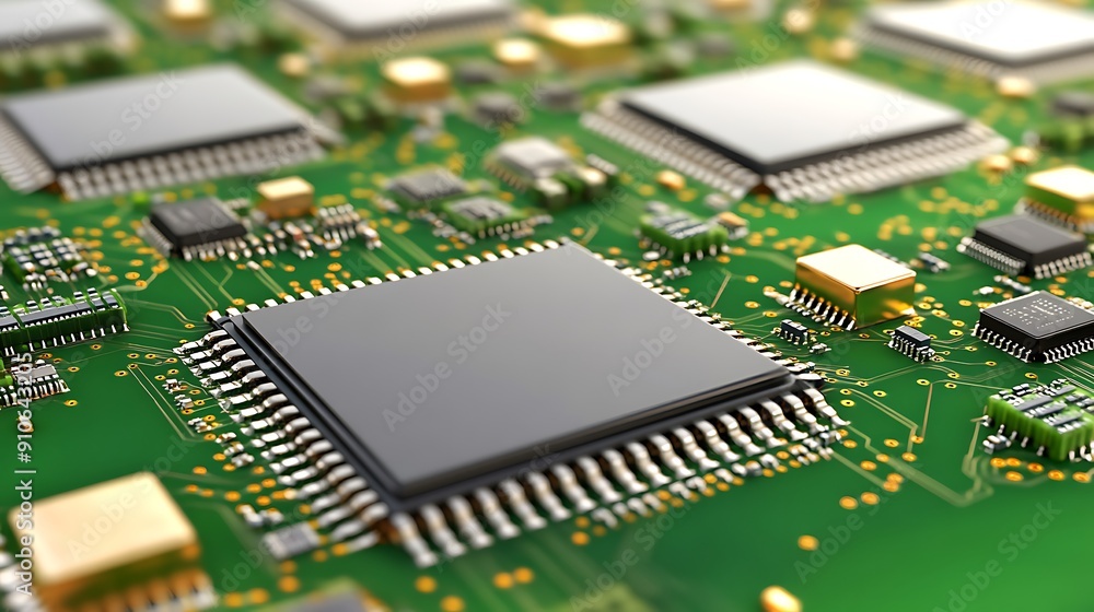 Close-Up of a High-Tech Circuit Board with a Microprocessor: The Heart of Modern Electronics and Innovation Close-Up of a High-Tech Circuit Board with a Microprocessor: The Heart of Modern Electronics and Innovation