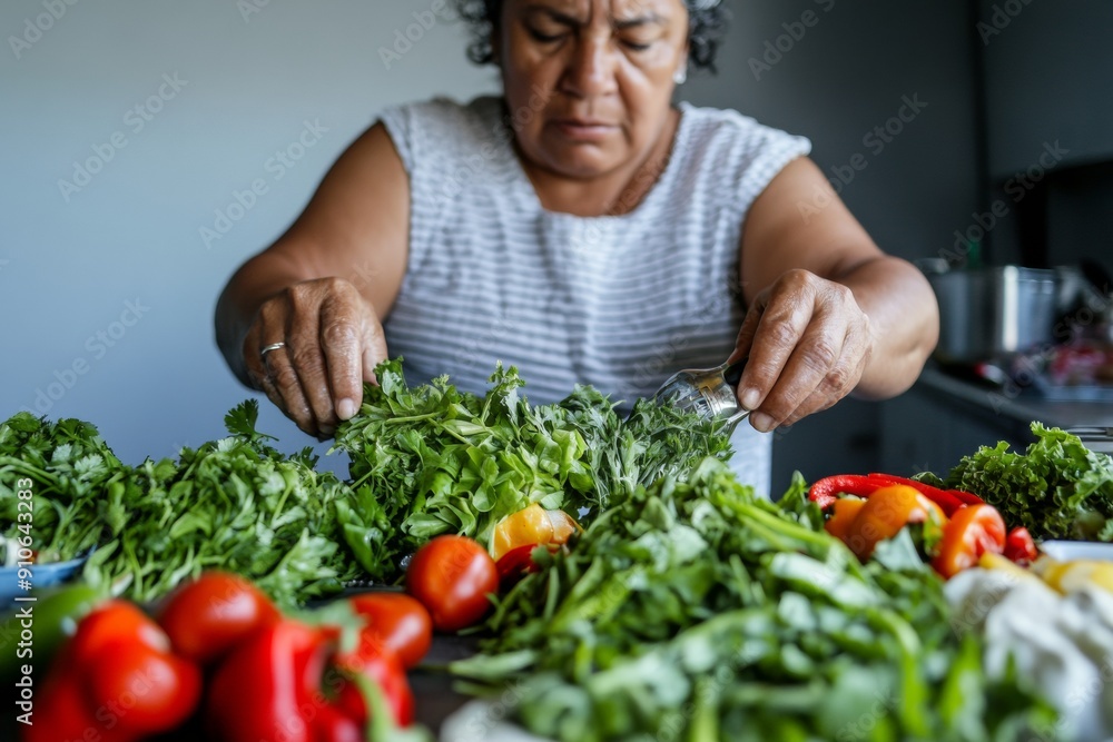 Middle-aged Hispanic Woman Cooking Affordable Meal in Modest Kitchen During Financial Crisis, Daytime Frugal Living Focused on Simplicity Middle-aged Hispanic Woman Cooking Affordable Meal in Modest Kitchen During Financial Crisis, Daytime Frugal Living Focused on Simplicity