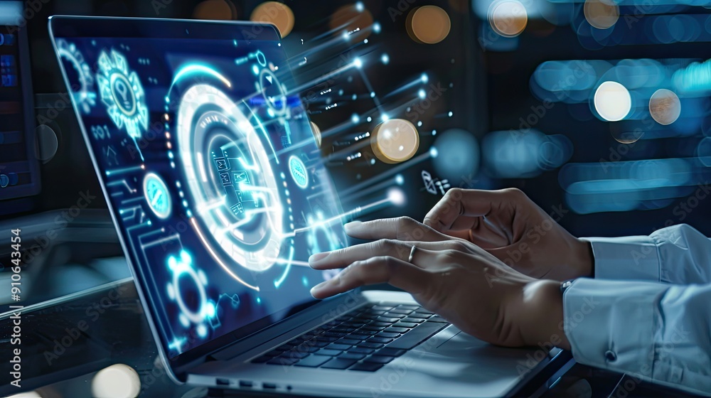 Hands typing on a laptop with futuristic digital interface holograms in a modern office environment at night. Hands typing on a laptop with futuristic digital interface holograms in a modern office environment at night.