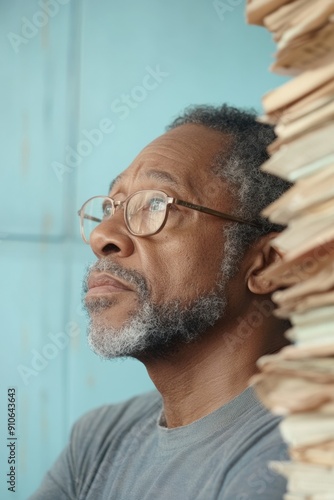 Middle-aged Black Antique Shop Owner Managing Finances, Surrounded by Unique Items, Stressed Expression – Daytime Blues