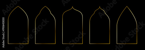 Thin golden pointed arch set. Gold arc border frame collection in oriental style. Thin linear shining curve shape bundle. Glowing shiny boarder element pack for photo, cadre, poster, card. Vector
