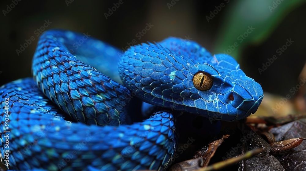 Fototapeta premium Close-up of a Blue-Colored Viper Snake with a Yellow Eye