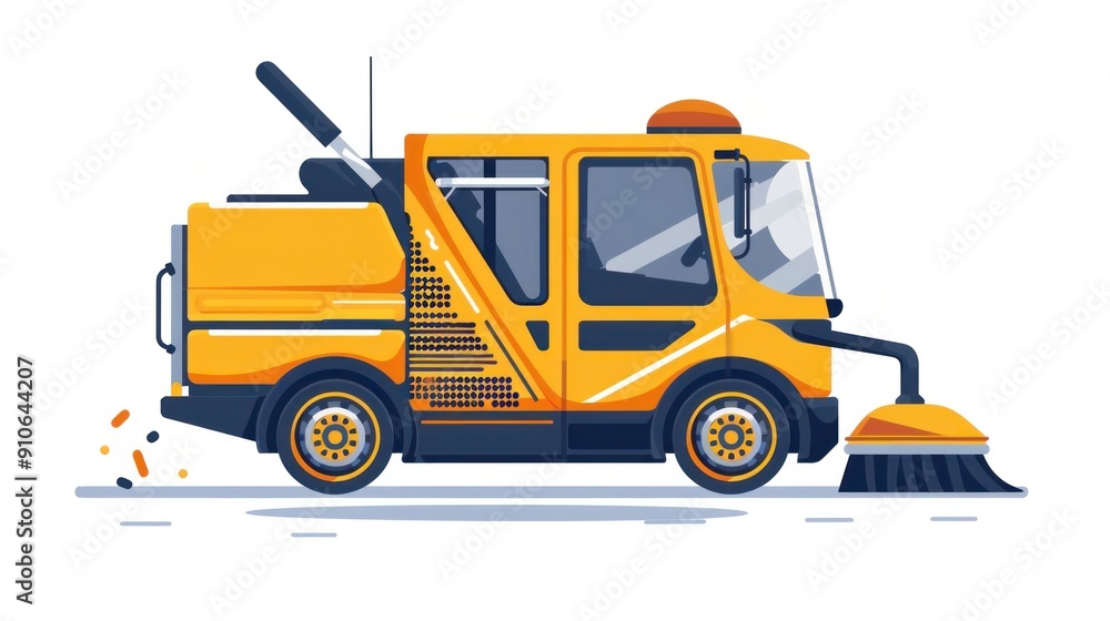Urban Maintenance Equipment Yellow Street Sweeper with Broom Cleaning the Streets of the City Urban Maintenance Equipment Yellow Street Sweeper with Broom Cleaning the Streets of the City