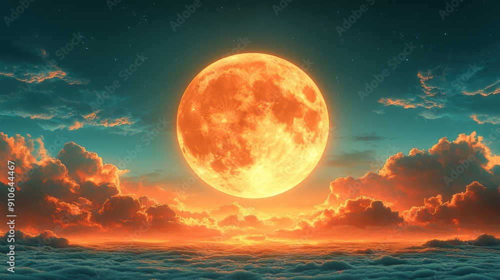 Stunning Full Moon Rising Over Vibrant Clouds in a Night Sky - Captivating Celestial Landscape Stunning Full Moon Rising Over Vibrant Clouds in a Night Sky - Captivating Celestial Landscape