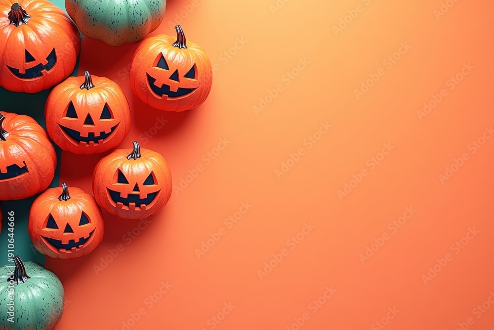 Festive Halloween Pumpkins with Carved Faces on Orange Background for Seasonal Decoration and Celebration Festive Halloween Pumpkins with Carved Faces on Orange Background for Seasonal Decoration and Celebration