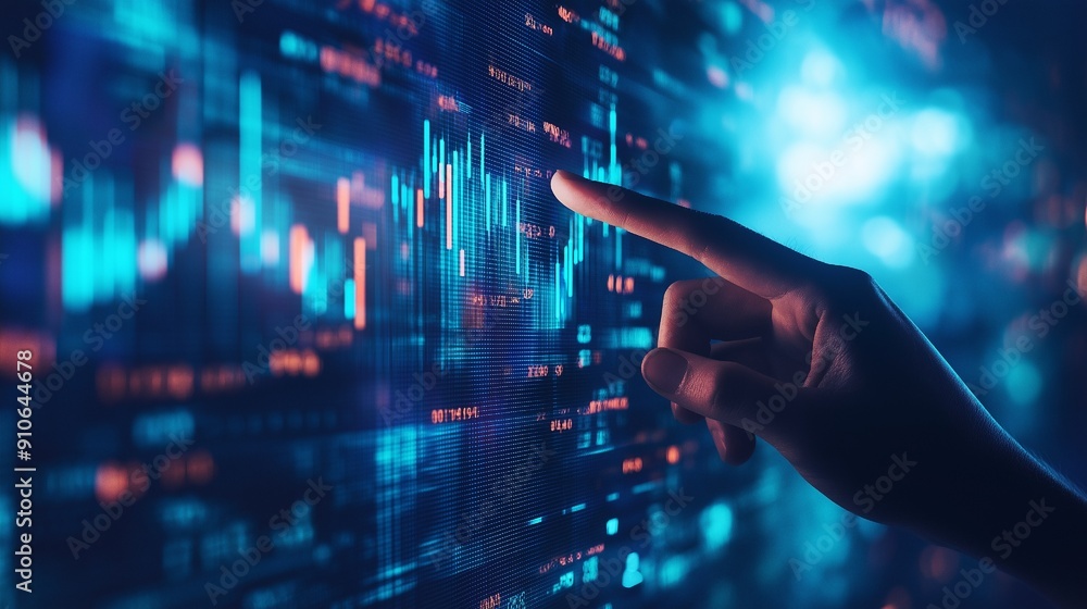 Close-up of hand pointing at glowing business chart on dark blue background. Stock, market, and trade concepts. Double exposure. Close-up of hand pointing at glowing business chart on dark blue background. Stock, market, and trade concepts. Double exposure.