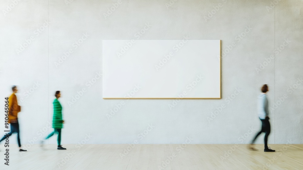 Serene Modern Indoor Space with Empty Poster on Smooth Cream Plaster Wall, Blurred Motion of Passers-by, and Diffused Natural Lighting Serene Modern Indoor Space with Empty Poster on Smooth Cream Plaster Wall, Blurred Motion of Passers-by, and Diffused Natural Lighting